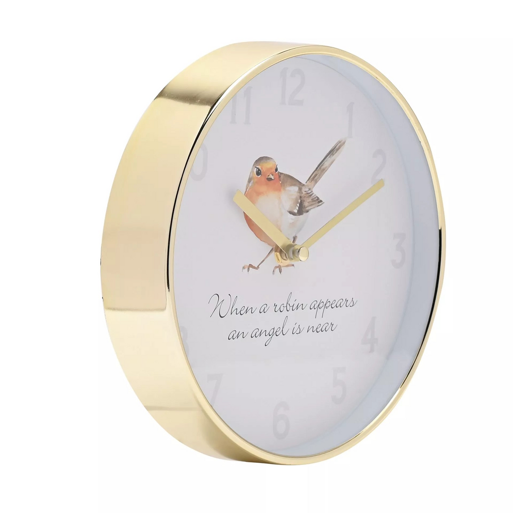 Circle shaped clock with gold metallic effect border. Inside features gold minute and hour handles. On the background is a robin illustration with the quote 'When a robin appears an angel is near' in a script font. 