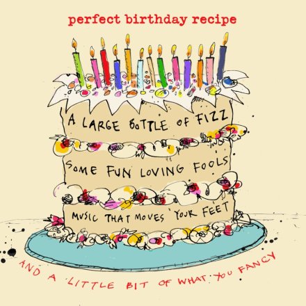 square beige card with a three layer cake on. Above in a typewriter font is 'perfect birthday recipe'. On the cake's first layer is 'a large bottle of fizz', the second layer 'some fun loving fools', the third layer 'music that moves your feet', and underneath the cake it says 'and a little bit of what you fancy.