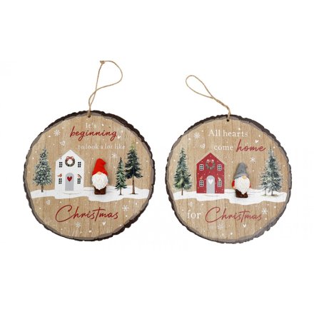 Two wooden Christmas ornaments with festive designs and text on a white background.