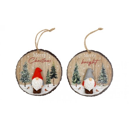 Two wooden Christmas ornaments with gnomes and trees on a white background