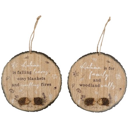 Two wooden circular decorations with autumn-themed text and illustrations on a white background.