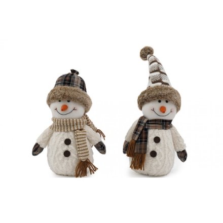 Two decorative snowmen with plaid hats and scarves on a white background