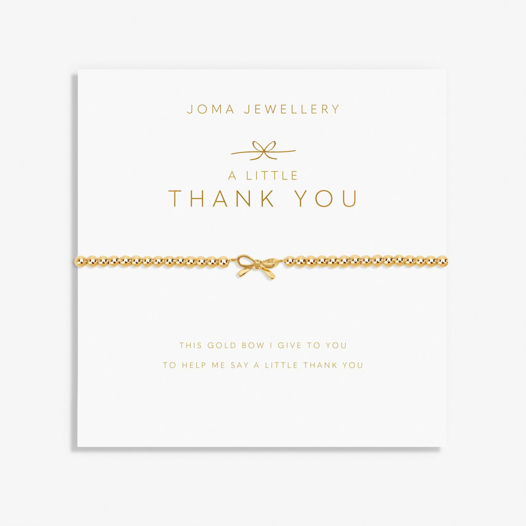 Gold bracelet on a Joma Jewellery card with 'A Little Thank You' text.
