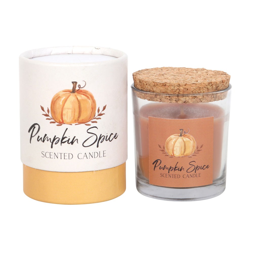 Pumpkin spice candle with cork lid and marching design white cardboard tube packaging. 