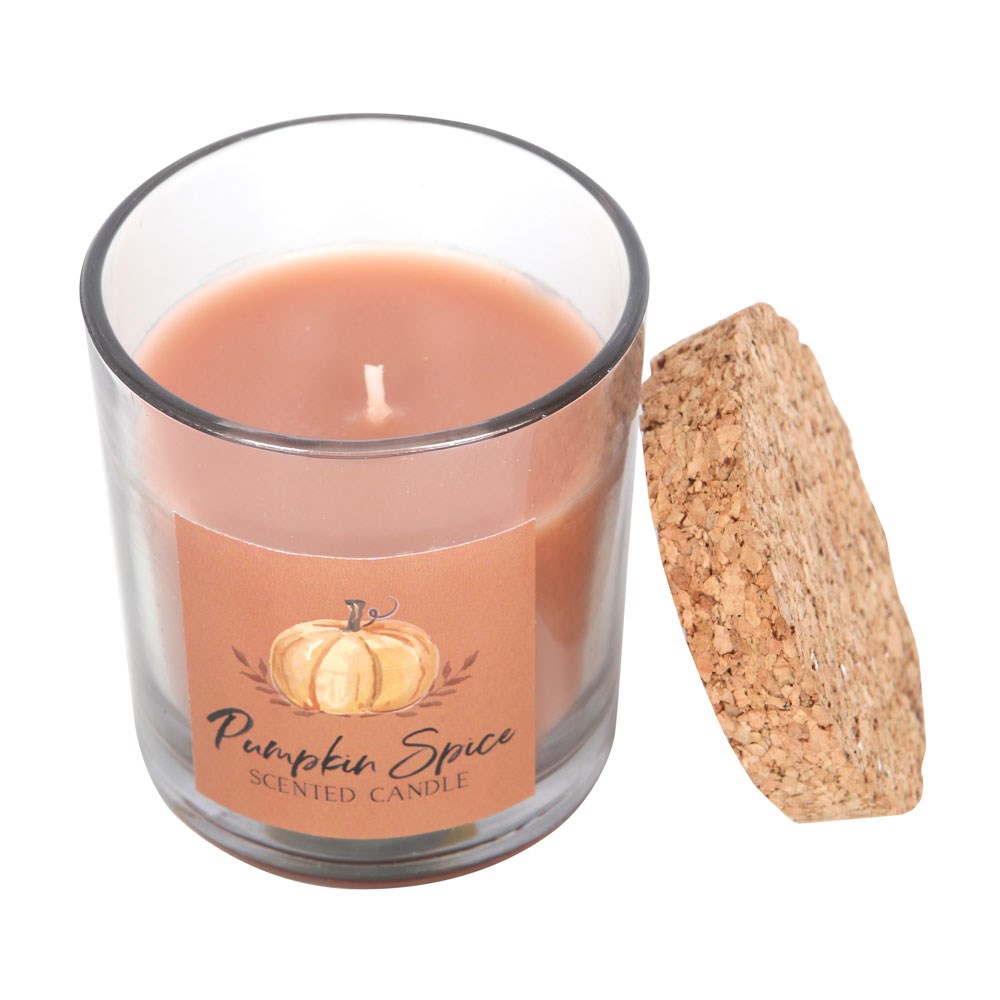Pumpkin spice scented candle with a cork lid on a white background
