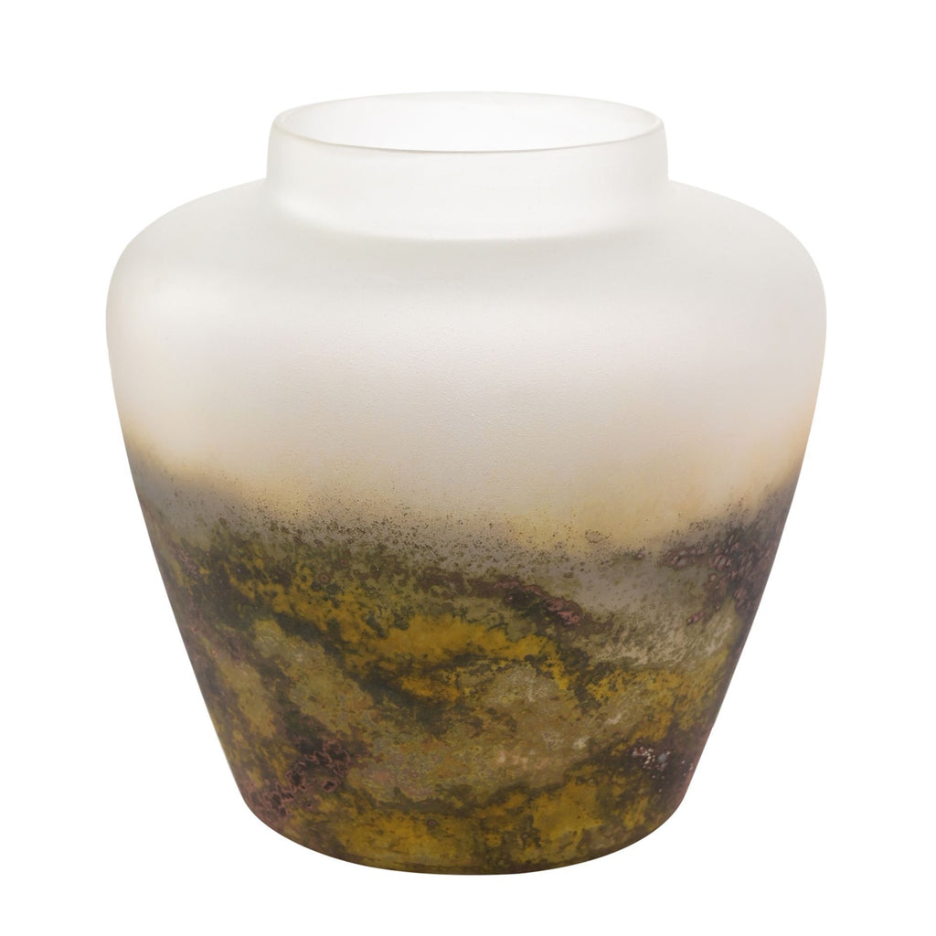 Beige translucent conical shaped vase with wider top. Stone/earth stone rough gradient from the bottom of the vase upwards with speckles. 