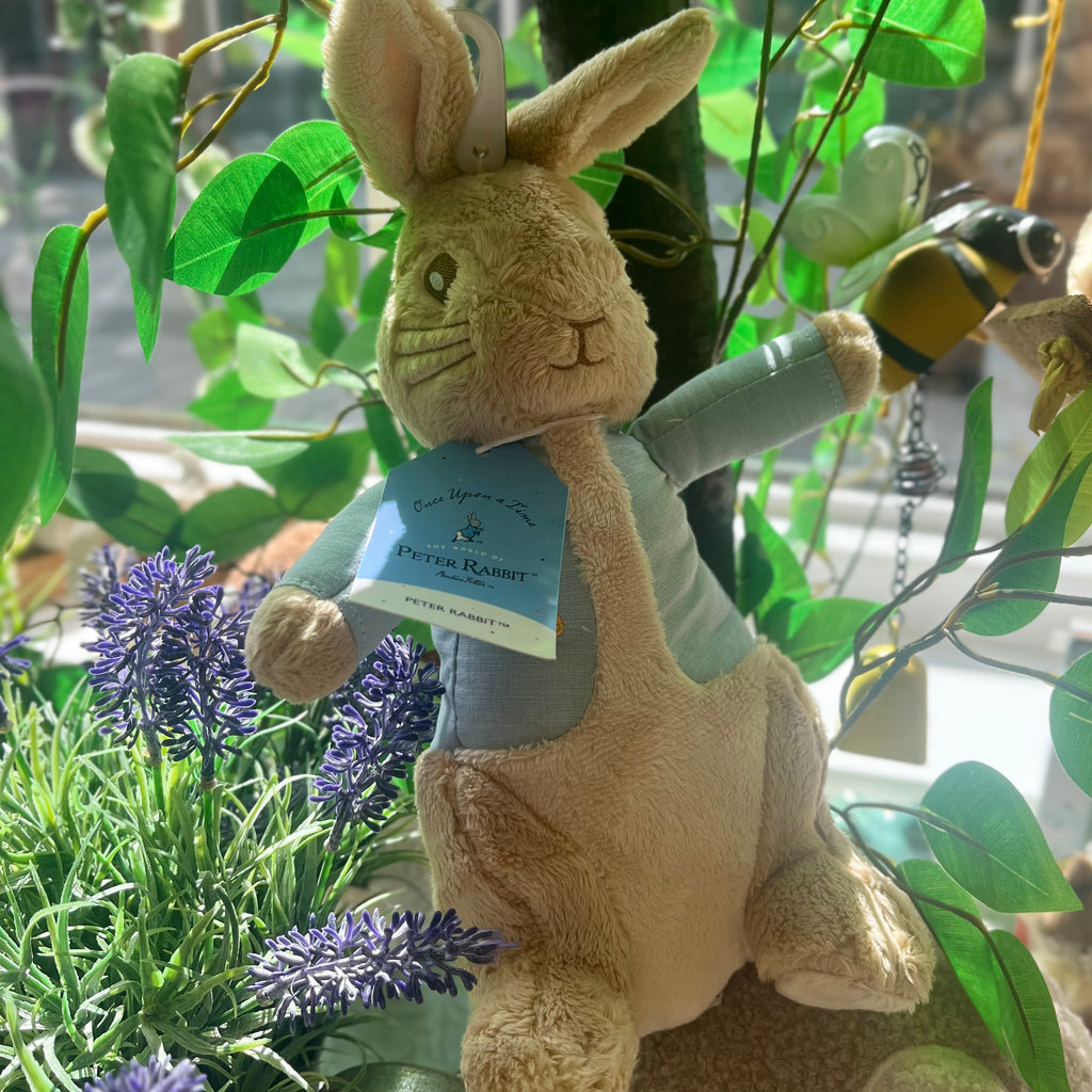 Furry Peter Rabbit toy with embroidered face details and a stitched on coat.