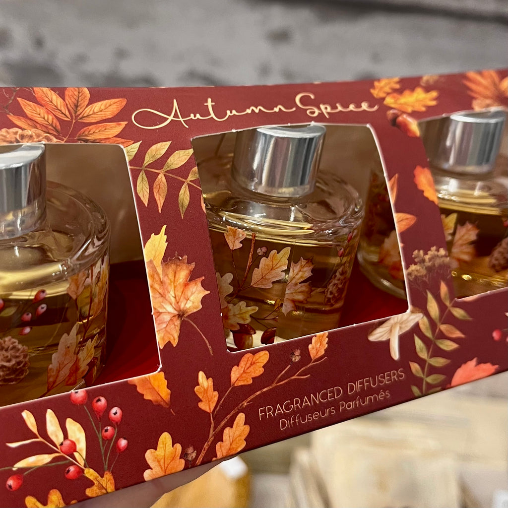 An autumn themed fragrance diffuser set in decorative packaging 