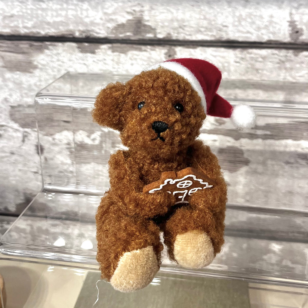Brown teddy bear wearing a red Santa hat on a reflective surface