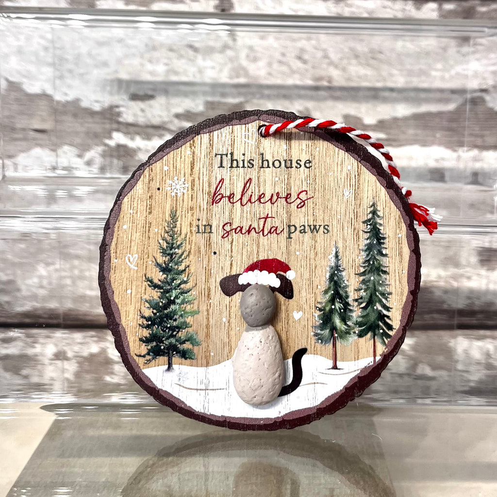 Decorative Christmas ornament with a cat wearing a Santa hat and text 'This house believes in Santa paws' on a wooden background.