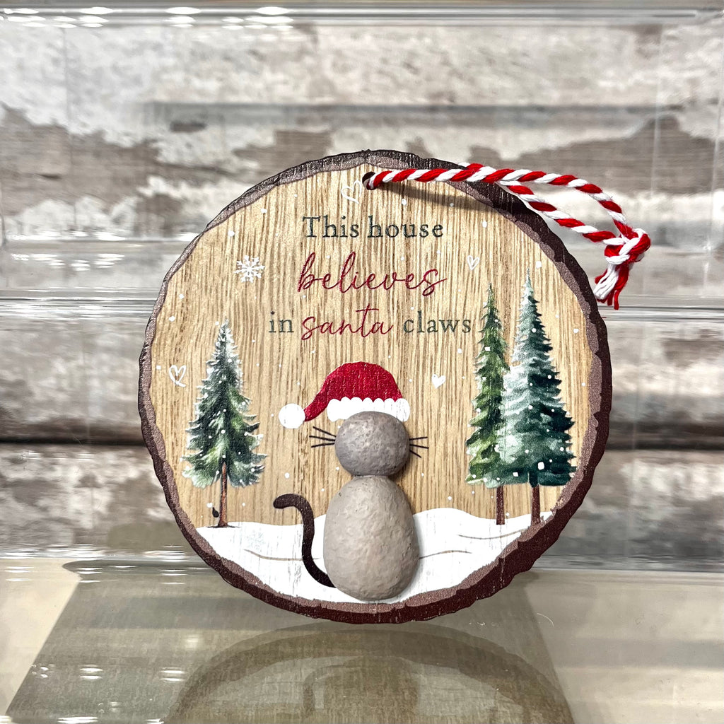 Wooden ornament with a cat wearing a Santa hat, trees, and text 'This house believes in Santa claws' on a reflective surface.