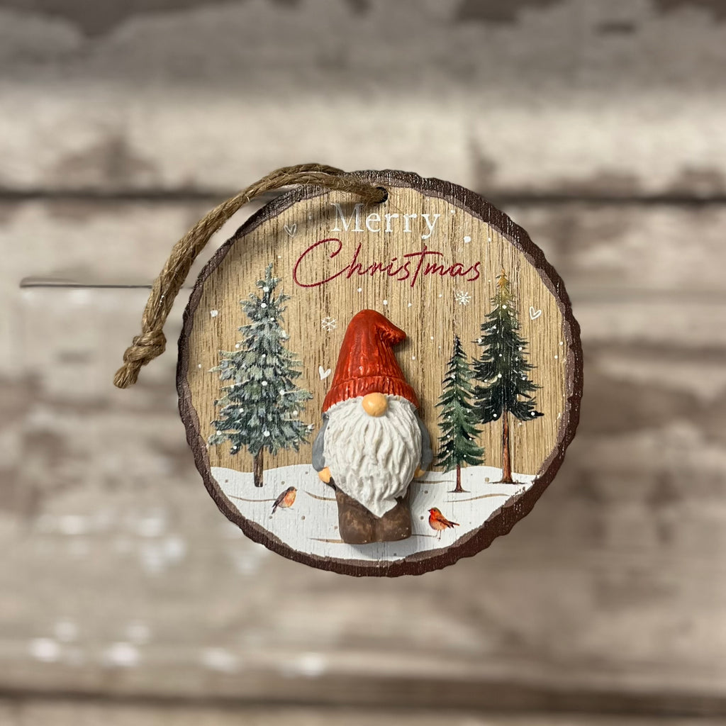Wooden Christmas ornament with a gnome and trees on a rustic background