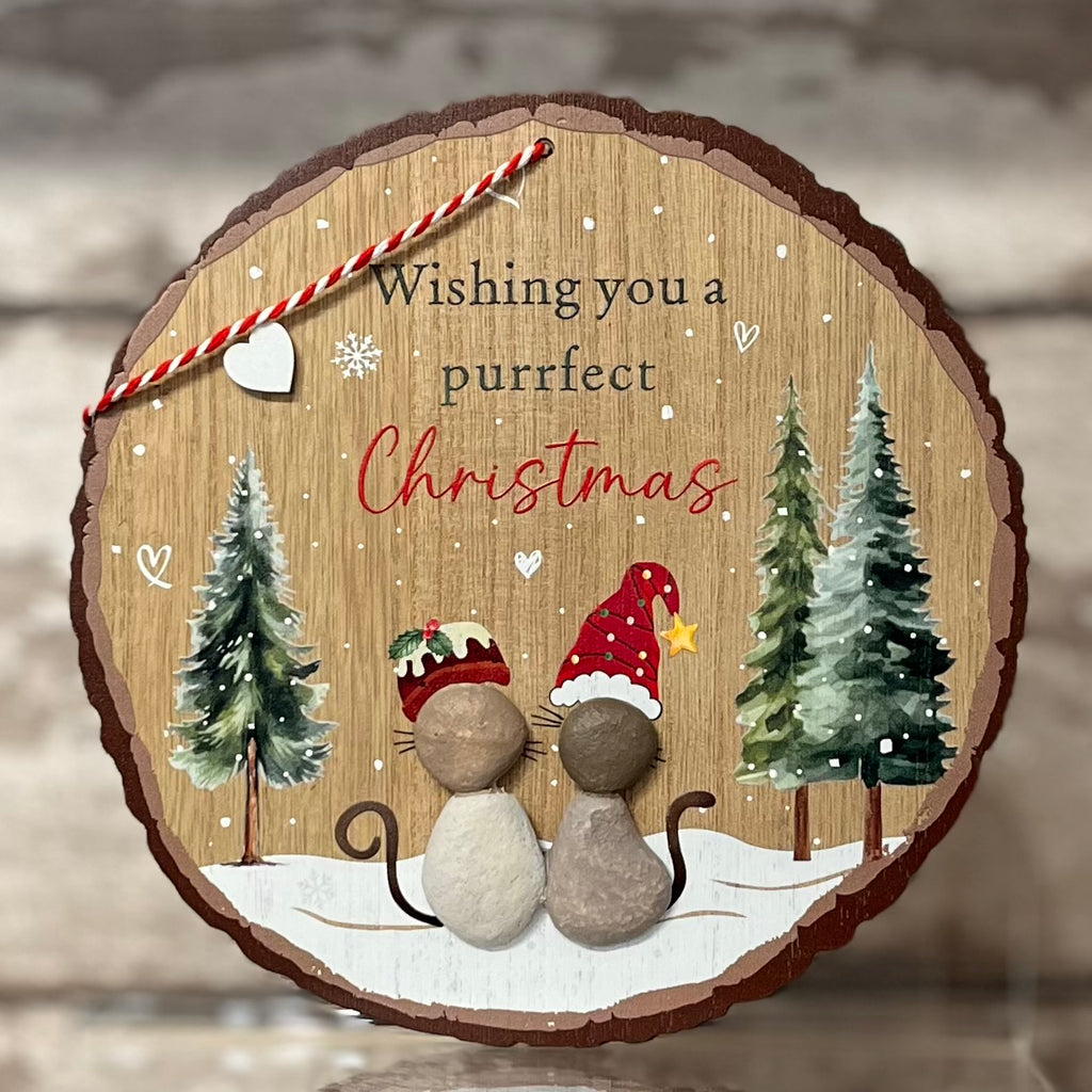 Wooden Christmas ornament with two cats wearing Santa hats and the text 'Wishing you a purrfect Christmas'.