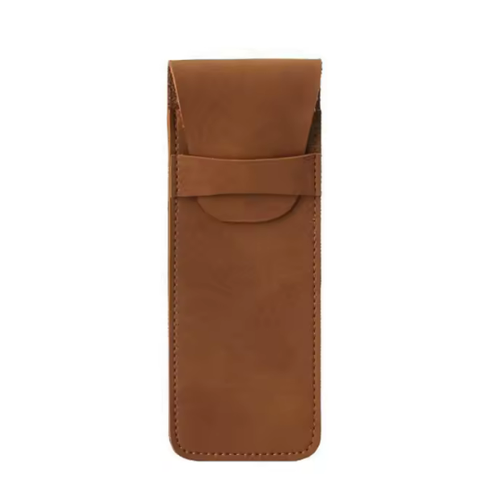 brown leather pen case with flap open top secured with strap.