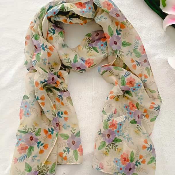 Pale green scarf with purple, pink, and blue flowers, with green leaves.