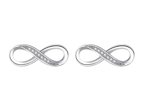 silver infinity earrings featuring rhinestones over the top cross section. 