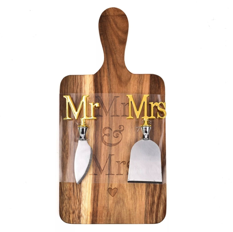 Wooden board with handle engraved with 'mr & mrs' with matching individual 'mr' and 'mrs' cheese knives