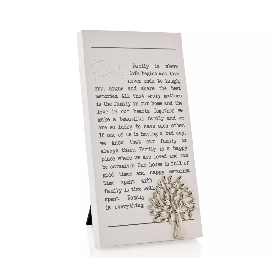 Portrait rectangle freestanding beige plaque with sentimental family quote on  with a silver tree embellishment.