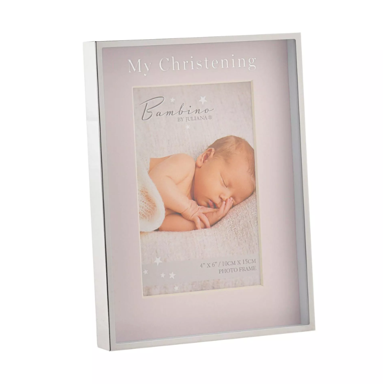 Silver frame with inner border that has 'My Christening' engraved in silver.