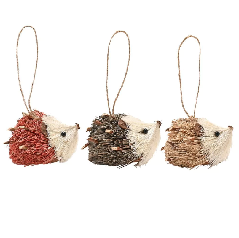 set of three natural wooden hedgehog ornaments with hanging accessory 