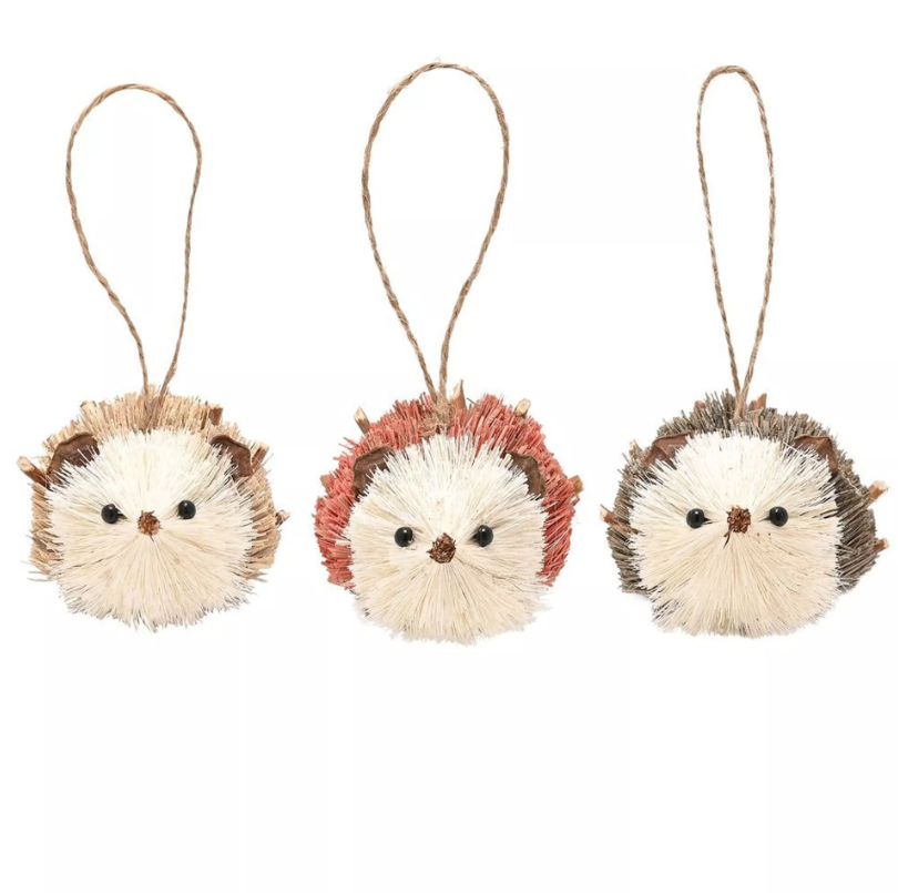 set of three natural wooden hedgehog ornaments with hanging accessory 