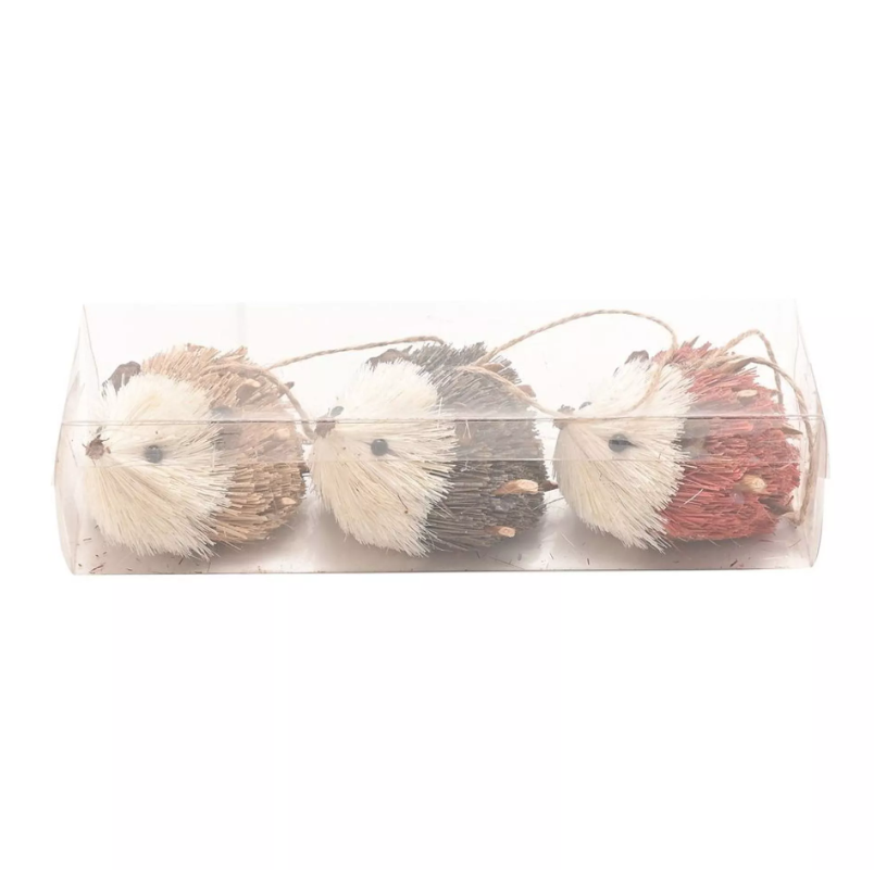 Set of three hedgehog hanging decorations in a clear plastic packaging on a white background