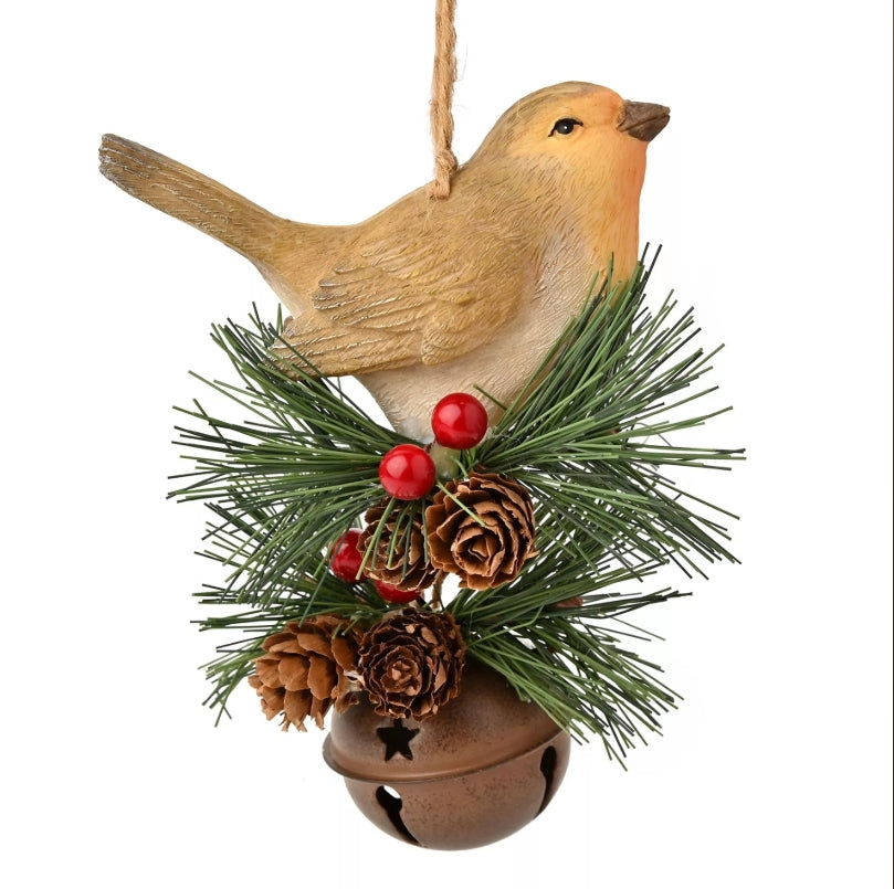 Decorative ornament with a bird, pine cones, and red berries on a white background