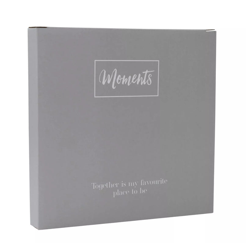 Gray photo frame box with 'Moments' text on a white background
