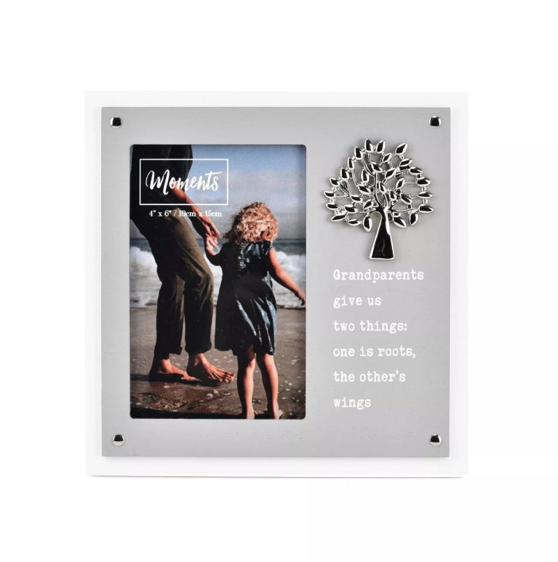 Decorative photo frame with a tree design and text, featuring a photo of a man and child by the beach.