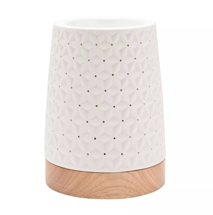 White ceramic lamp with wooden base on a white background