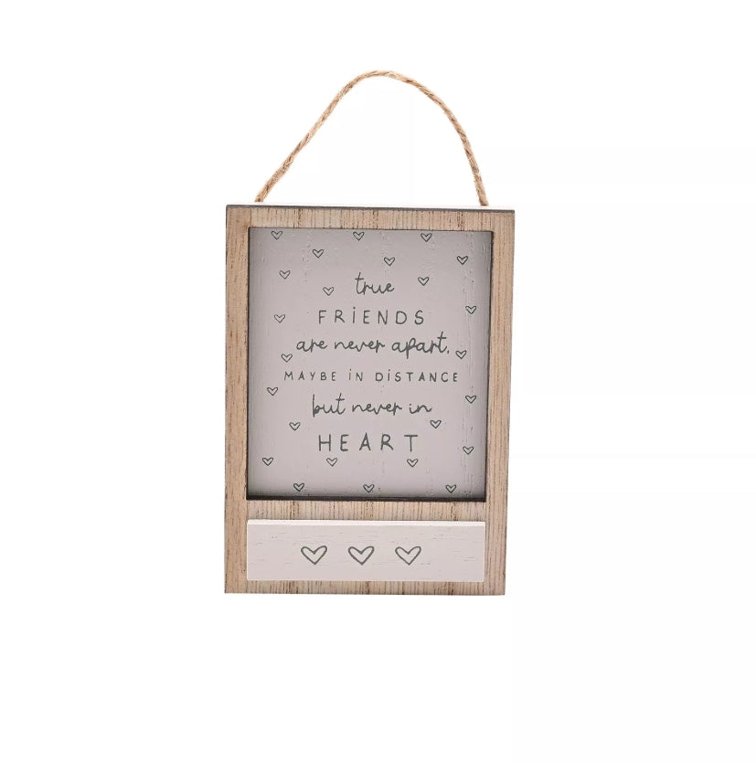 Wooden hanging sign with text 'true friends are never apart, maybe in distance but never in heart' on a white background