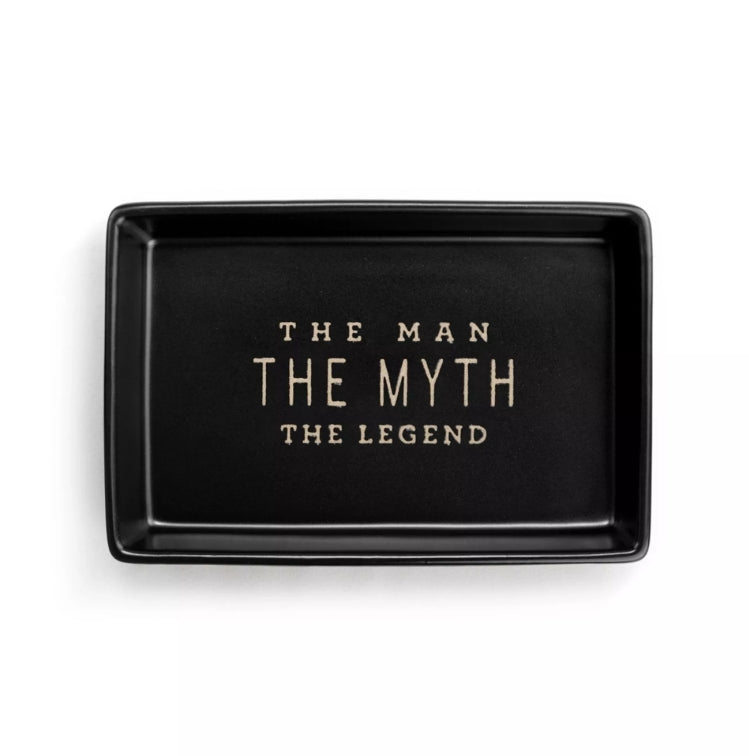 Black tray with 'The Man, The Myth, The Legend' text on a white background