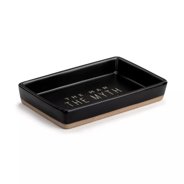 Black rectangular tray with 'The Man, The Myth' text on a white background