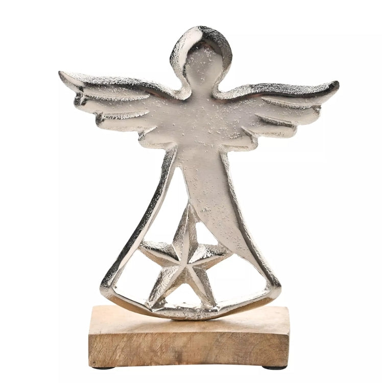 Decorative angel figurine with star design on a wooden base against a white background