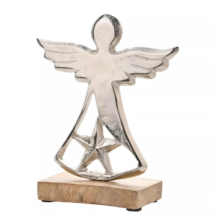 Silver angel statue on a wooden base against a white background