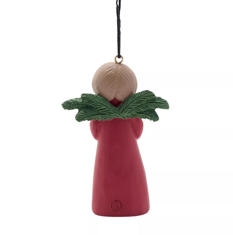 Decorative angel ornament with green wings on a white background