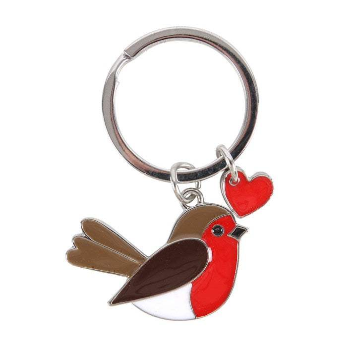colourful robin keyring and a smaller separate heart charm on silver metal ring. 