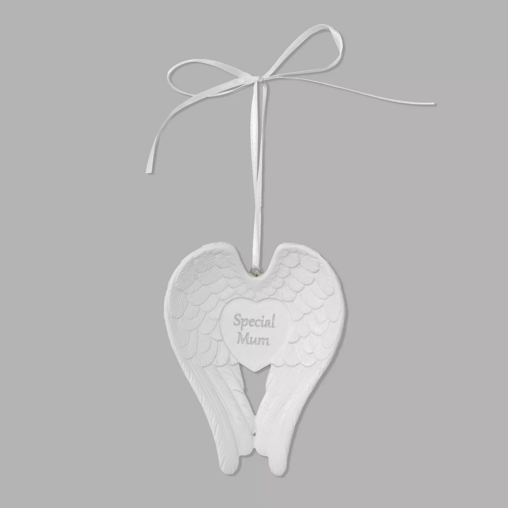 White angel wings with 'Special Mum' in a heart shape in the middle of the wings hanging from a white ribbon tied in a bow 