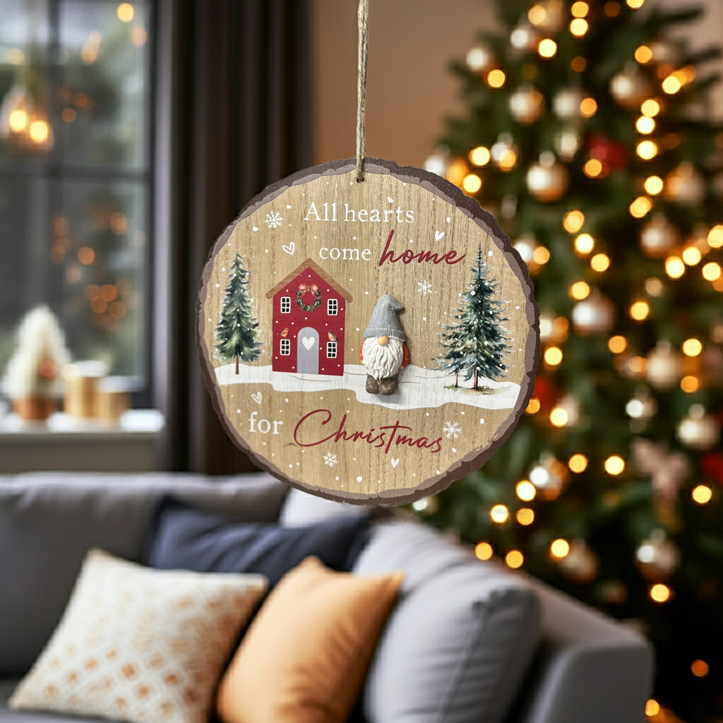 Decorative Christmas ornament with a house, trees, and gnome on a wooden background, hanging in front of a lit Christmas tree.
