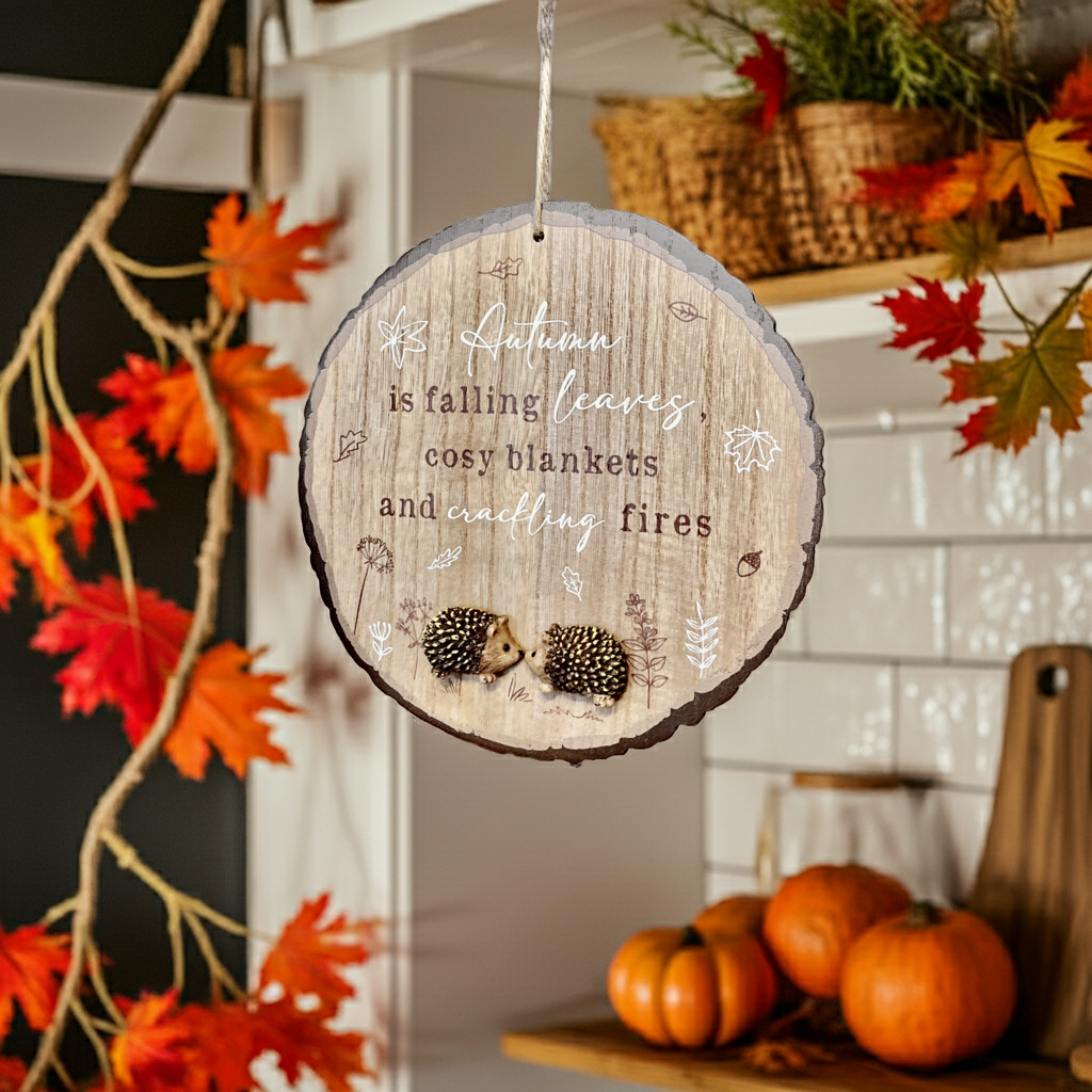 Decorative wooden slice with autumn-themed text and hedgehog illustration, surrounded by fall leaves and pumpkins.