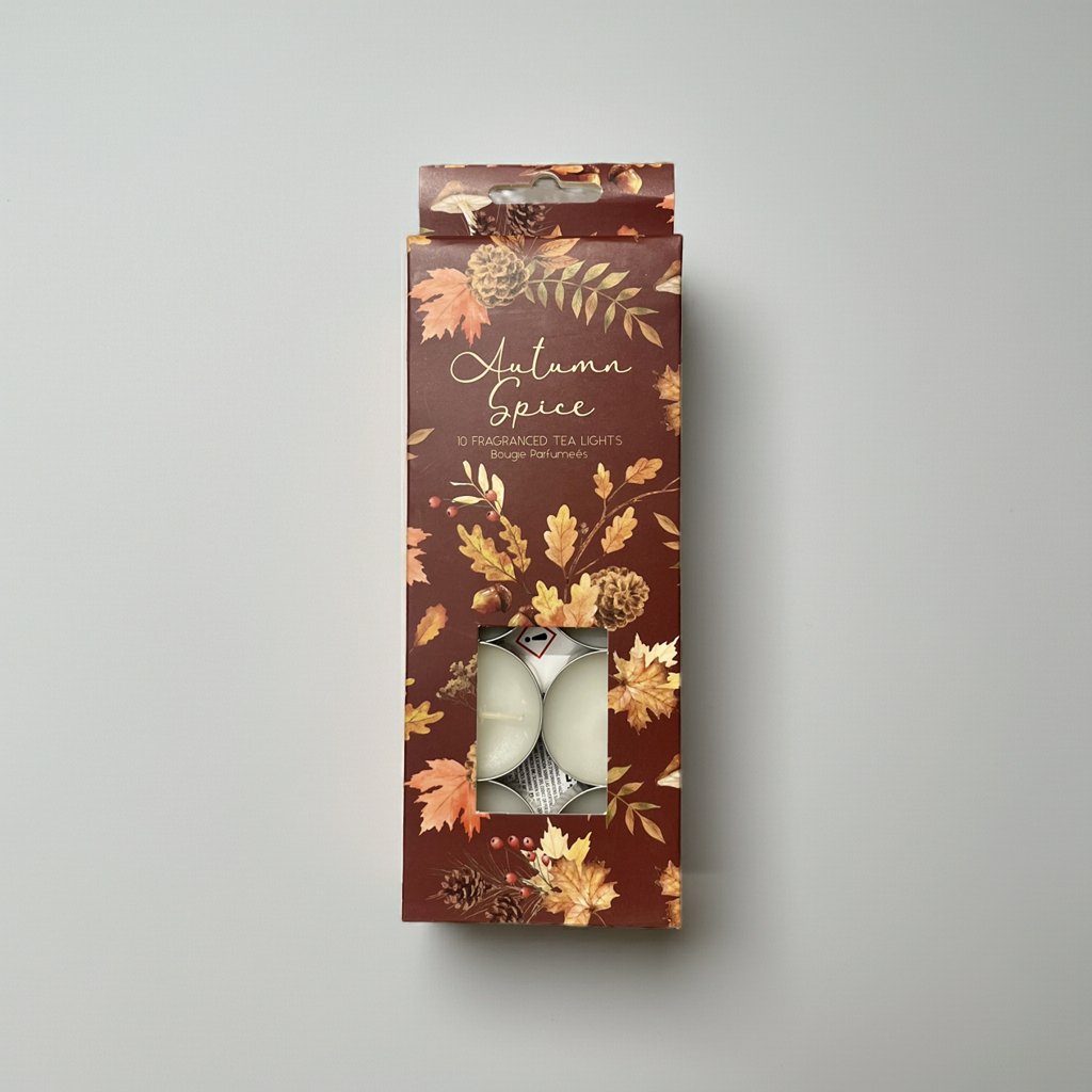 Packaging of 'Autumn Spice' scented tea lights with leaf design on a gray background