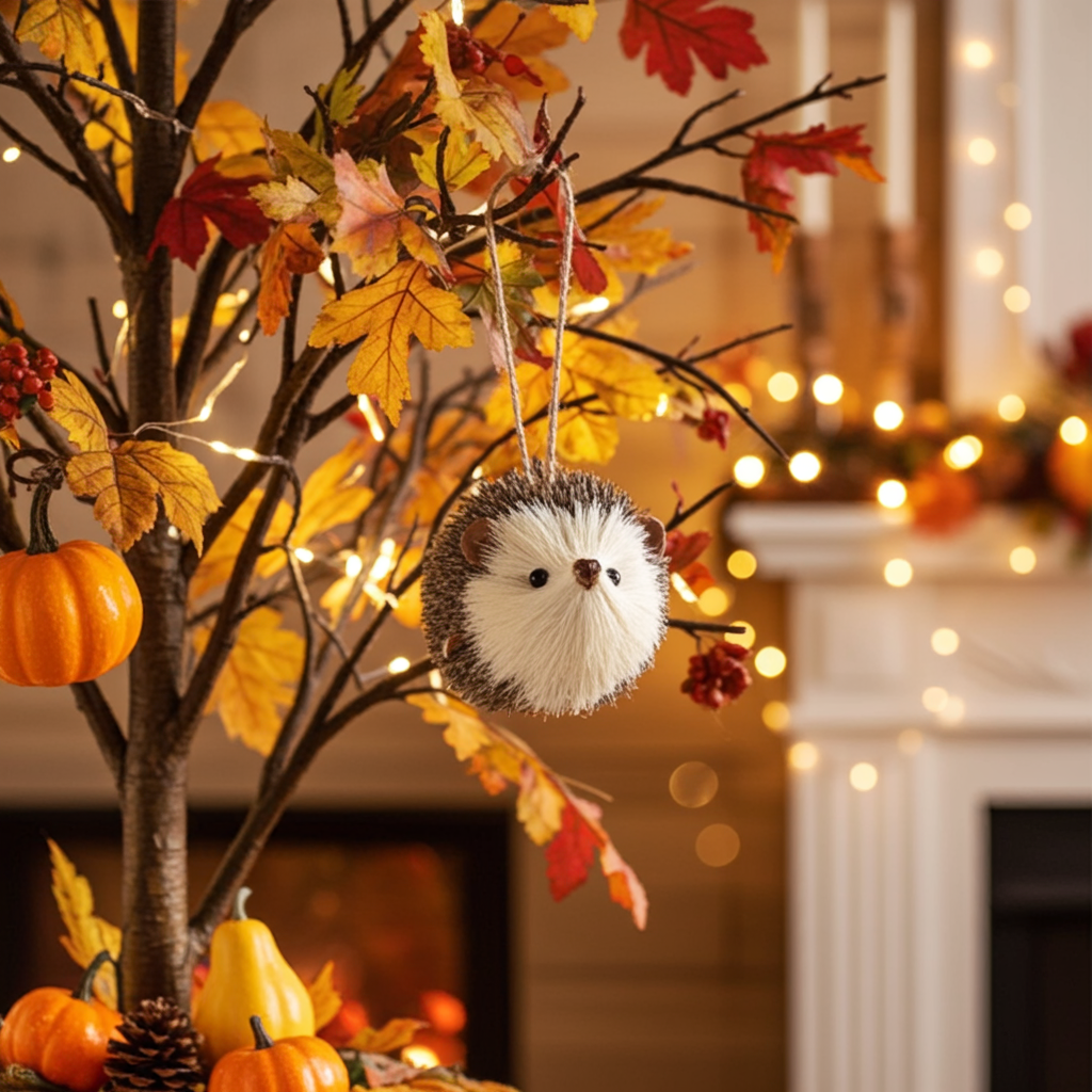 Decorative hedgehog ornament on a tree with autumn leaves and pumpkins, blurred lights in the background.