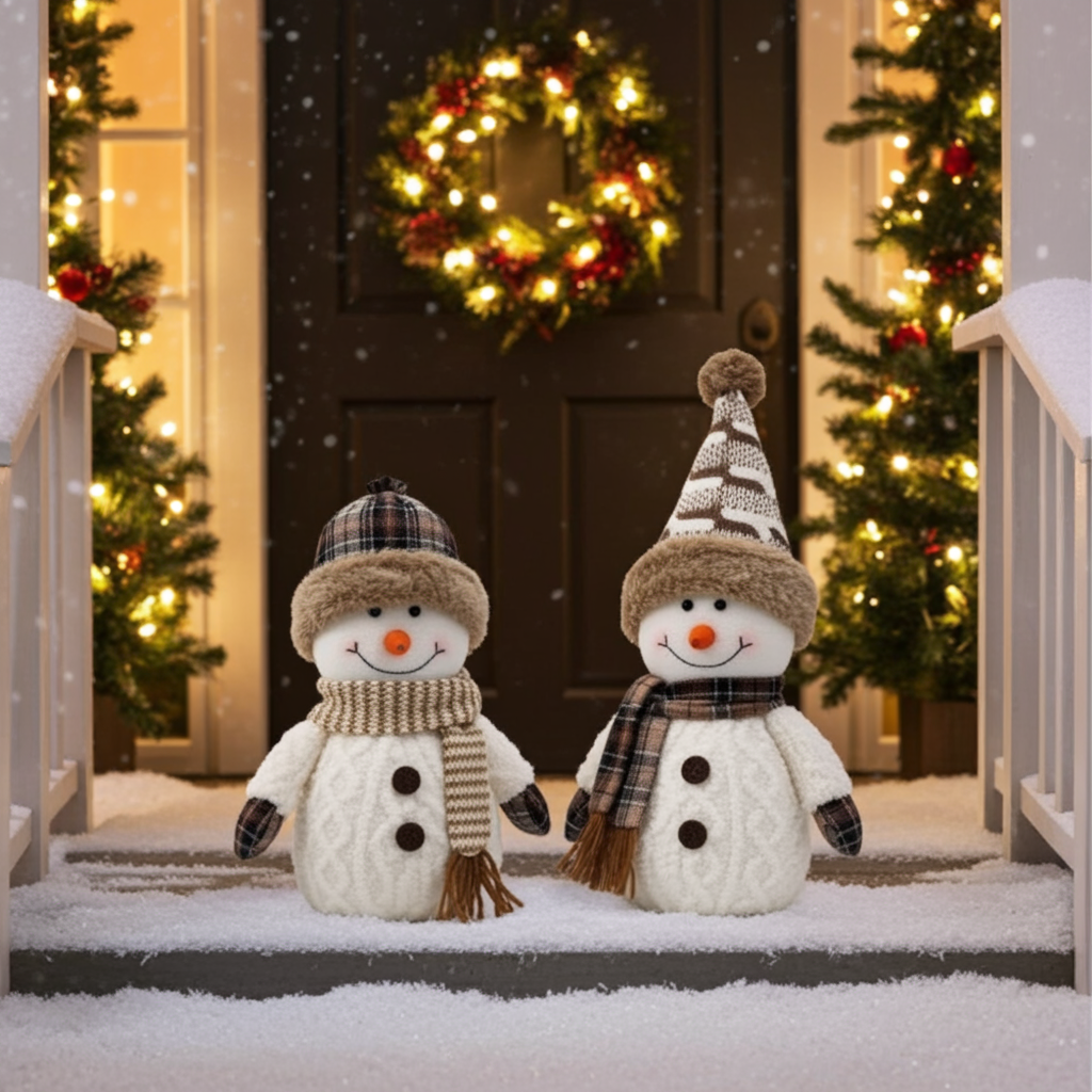 Two snowmen with scarves and hats in front of a door decorated with a wreath and Christmas trees.