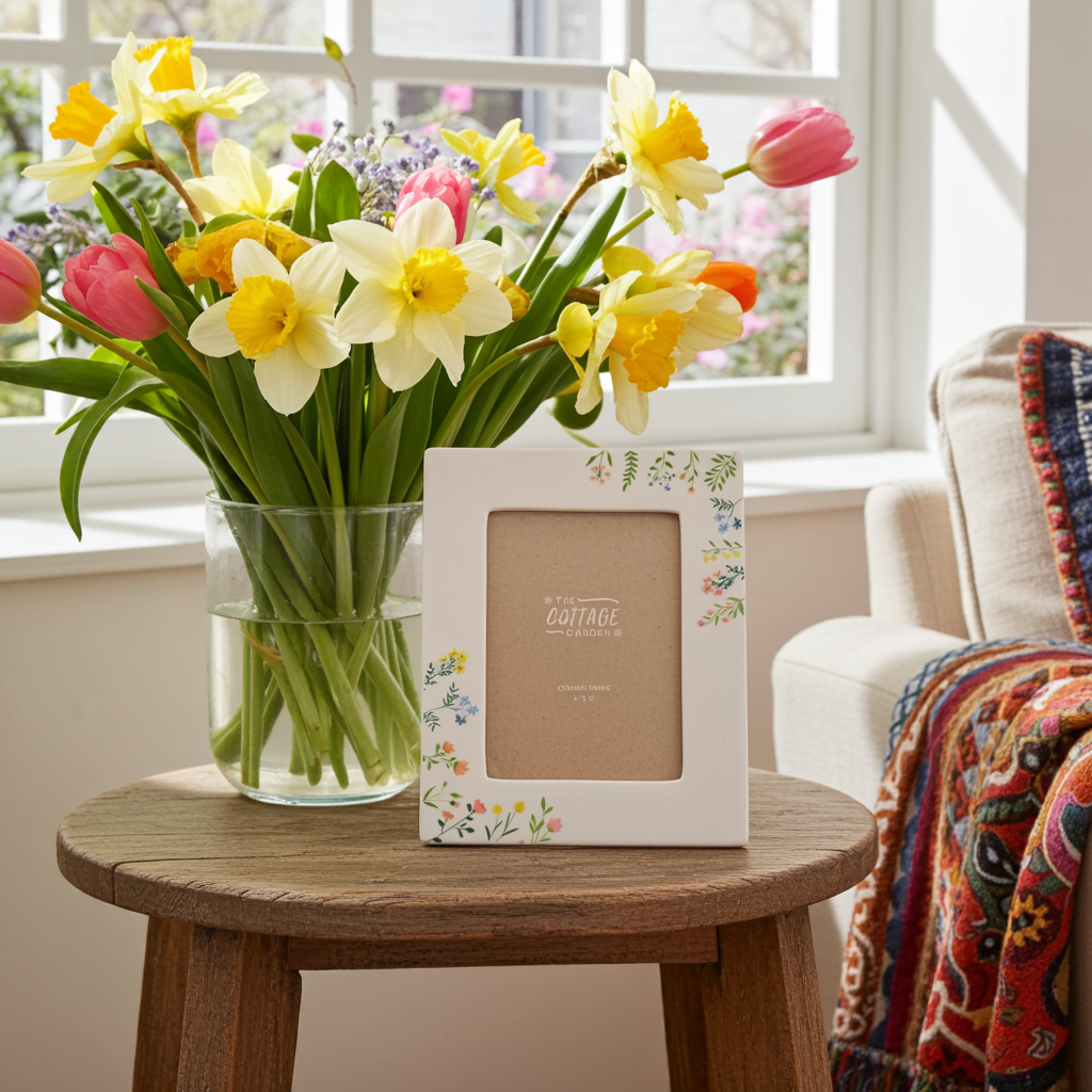 Bouquet of flowers in a vase on a wooden stool with a photo frame in a cozy living room.