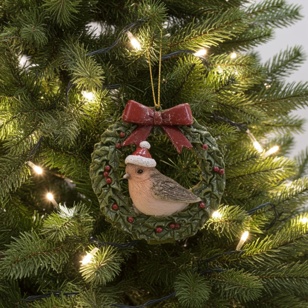 Decorative Christmas ornament with a bird in a wreath on a lit Christmas tree.