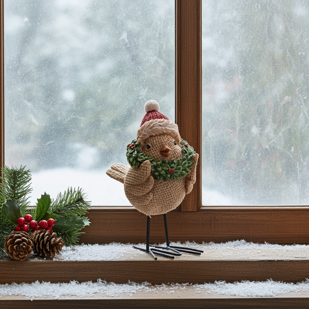 Resin bird ornament with a hat and wreath on a windowsill with snow outside.