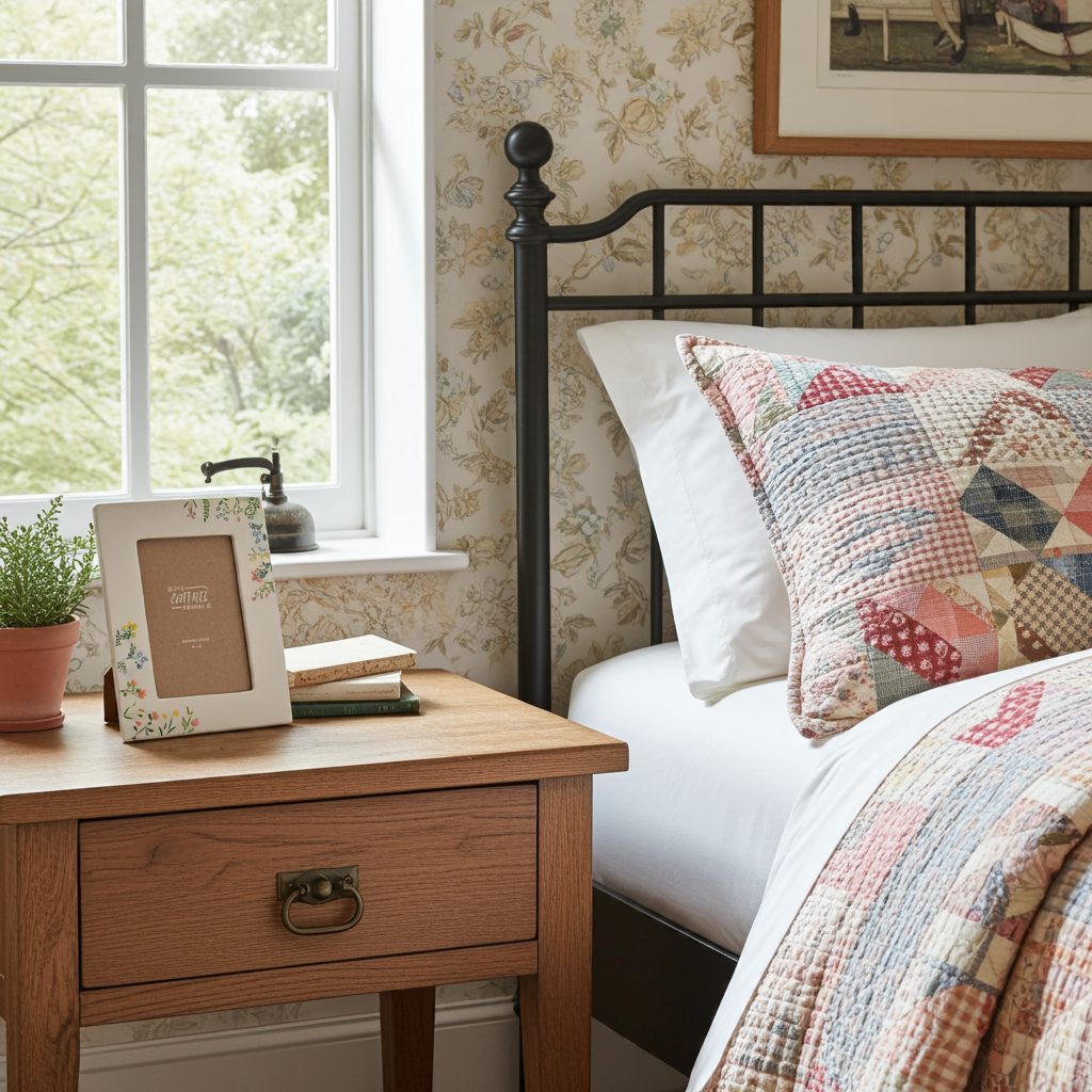 rustic British countryside style bedroom with photo frame on bedside table
