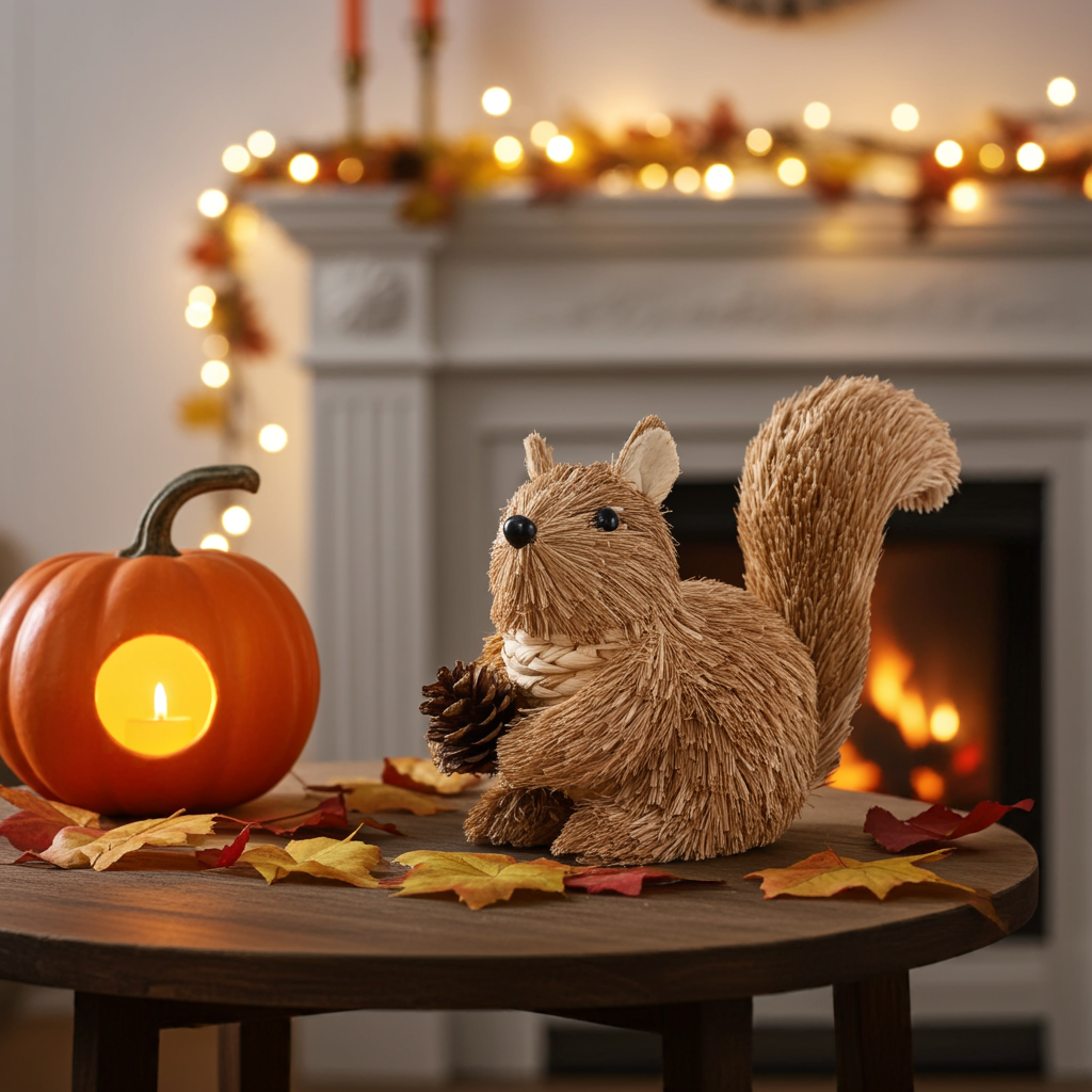 Rattan squirrel holding pinecone on table next to pumpkin candle holder and leaves