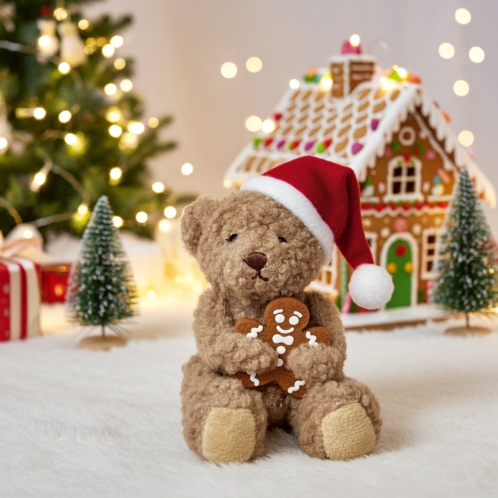 Teddy bear wearing a Santa hat with a gingerbread man in front of a Christmas tree and gingerbread house.