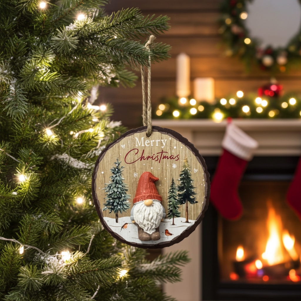 Decorative Christmas ornament with a gnome and trees on a Christmas tree with a fireplace in the background.